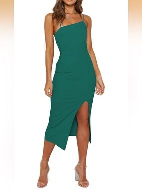 NWOT Green Asymmetrical One Shoulder Midi Dress | Cocktail Wedding Guest Medium